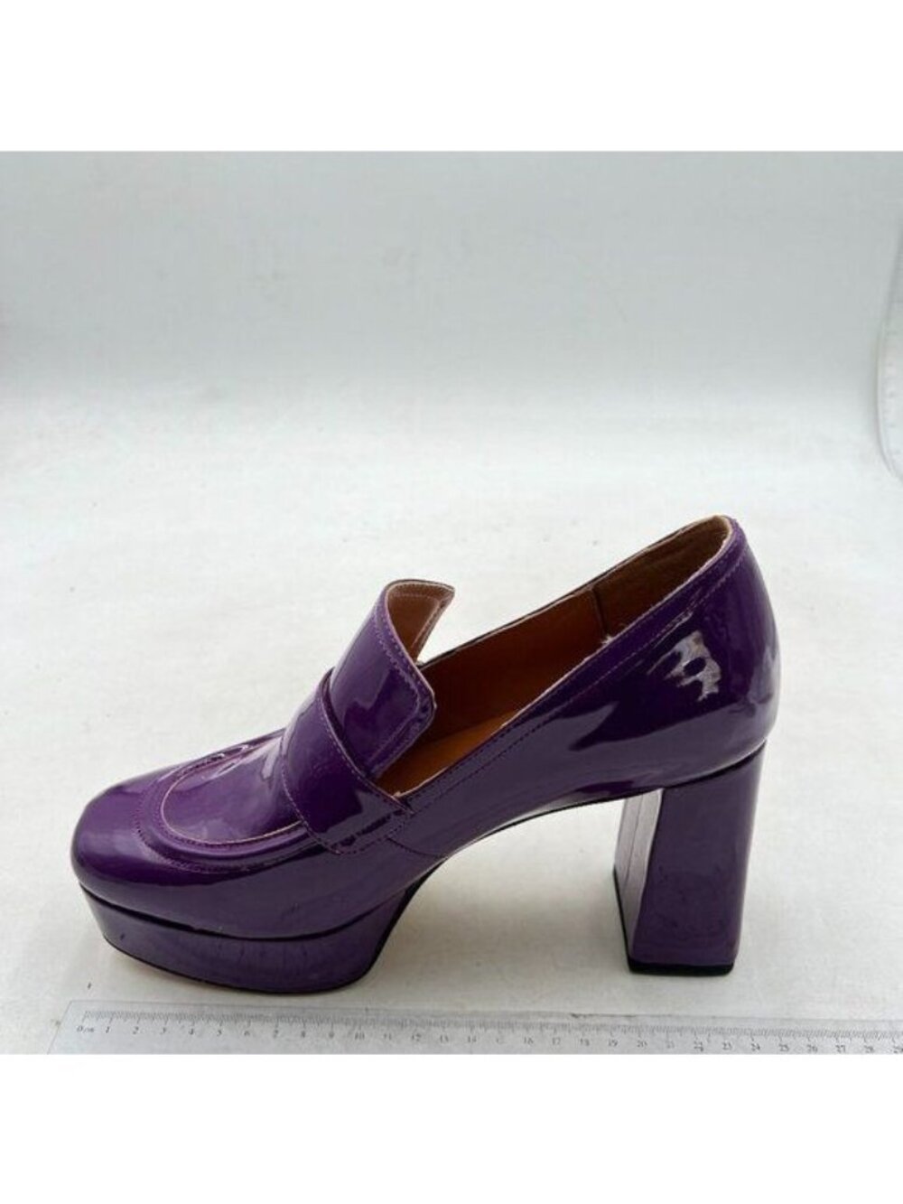 Purple Women Classic Closed Toe Loafers Block High Heel Slip On Casual Shoes